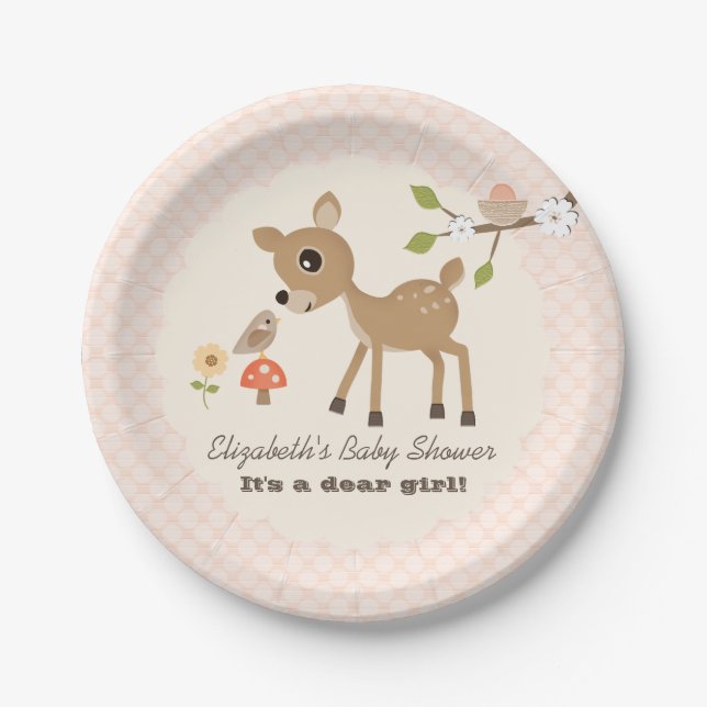 Blush Woodland Deer Baby Girl Shower Paper Plate (Front)