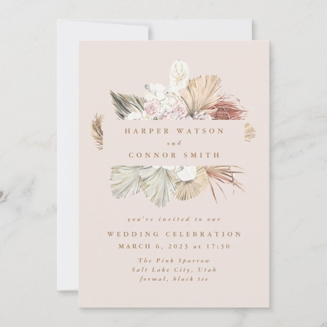 Blush Wreath Pampas Grass Floral Jungle Wedding Invitation (Front)