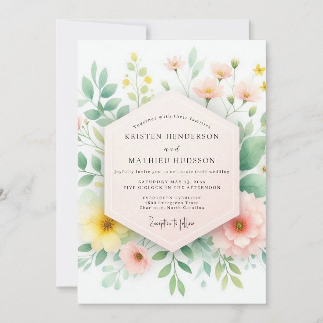 Blush & Yellow Spring Meadow Wedding Invitation (Front)