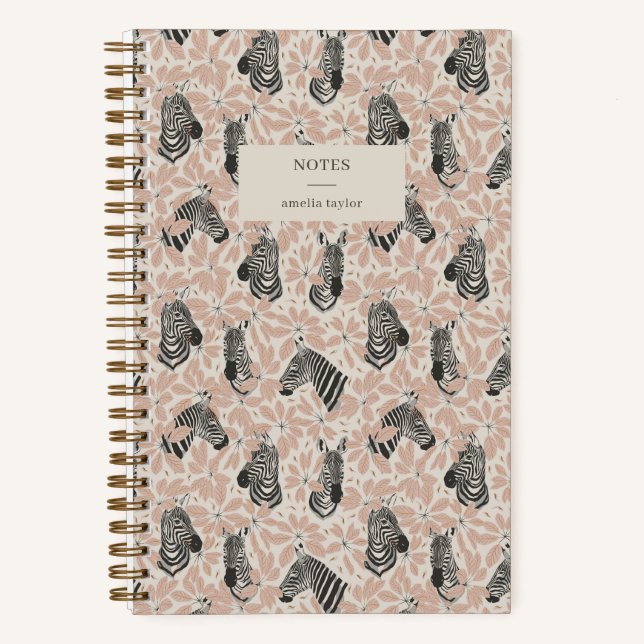 Blush Zebra Botanical Safari Notes Personalised Notebook (Front)
