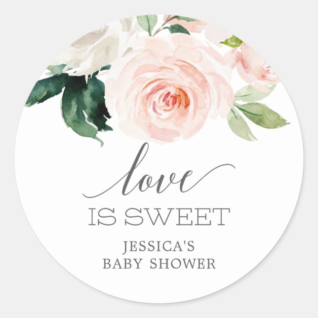 Blushing Blooms Love Is Sweet Baby Shower Favour Classic Round Sticker (Front)