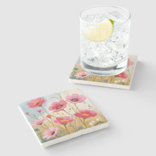 Blushing Blooms   Pink Flower Meadow Floral Stone Coaster