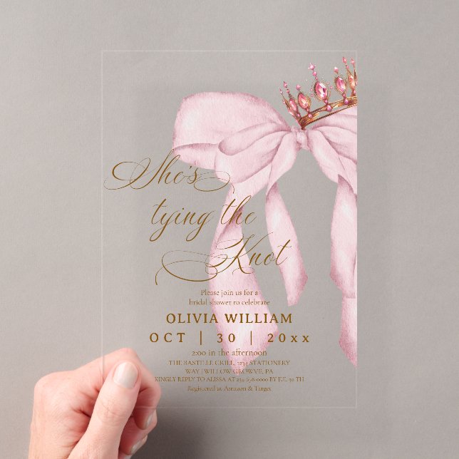 Blushing Bow She's Tying The Knot Bridal Shower Acrylic Invitations (Insitu (Handheld))