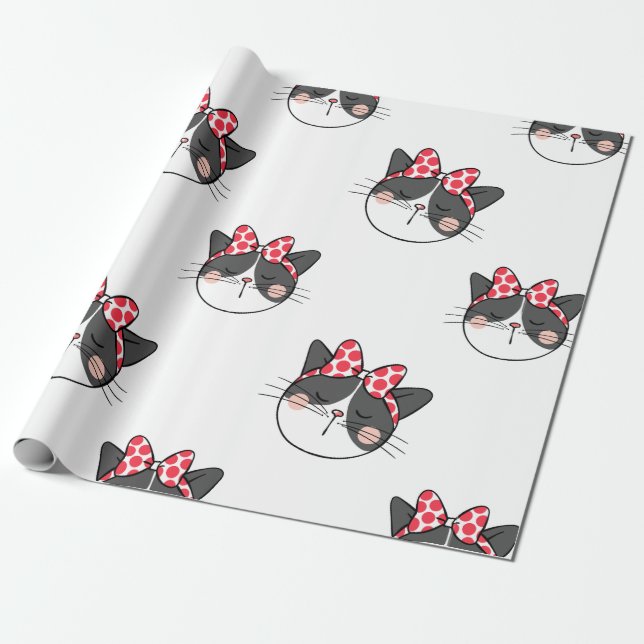 Blushing Cat Bow Wrapping Paper (Unrolled)