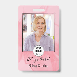 Blushing Coral Pink Watercolor Photo Makeup ID Badge