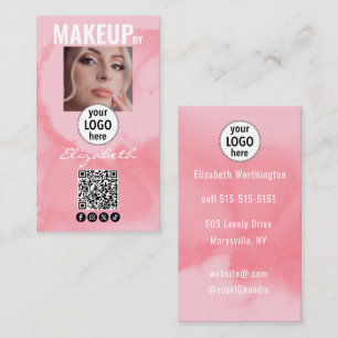 Blushing Coral Pink Watercolor QR Social Makeup  Business Card
