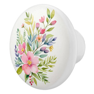 Blushing Garden Watercolor Floral Bouquet Ceramic Knob
