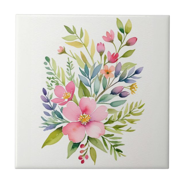 Blushing Garden Watercolor Floral Bouquet Tile (Front)