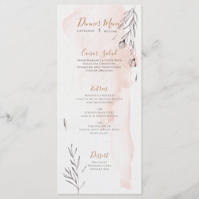 Blushing Peach Grey Watercolor Wedding Menu (Front)