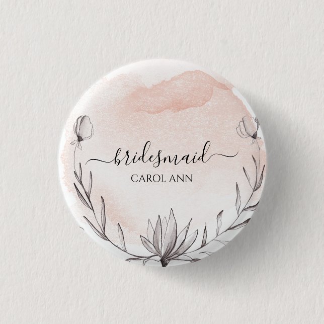 Blushing Peach Watercolor Bridesaid 3 Cm Round Badge (Front)