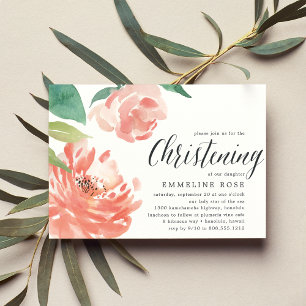 Blushing Peony   Watercolor Floral Christening Invitation