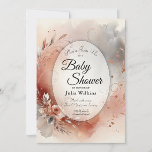  Blushing Petals and Silver Swirls Baby Shower Invitation