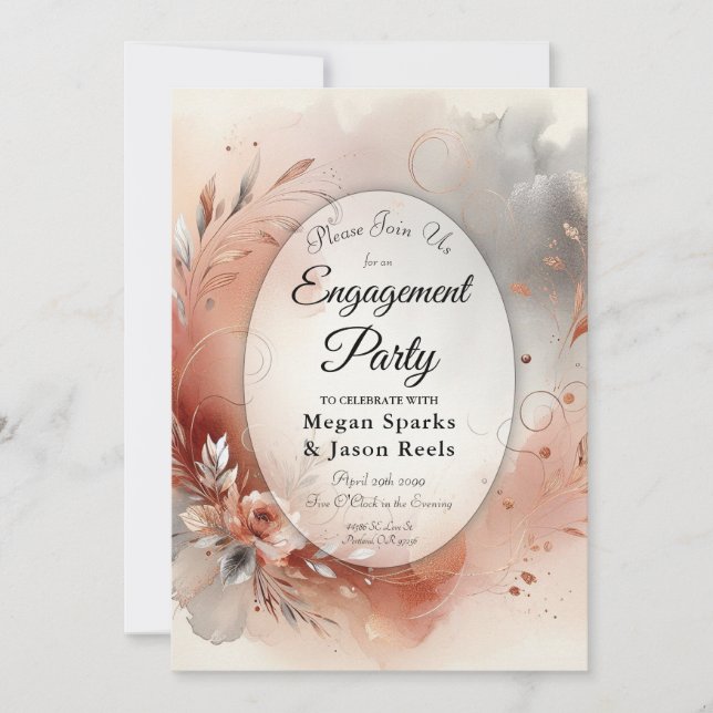 Blushing Petals and Silver Swirls Engagement Party Invitation (Front)
