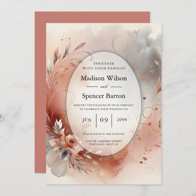 Blushing Petals and Silver Swirls Wedding Invitation (Front/Back)