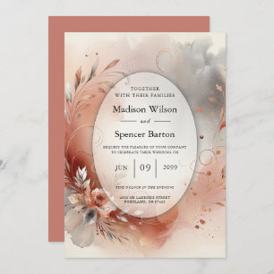 Blushing Petals and Silver Swirls Wedding Invitation