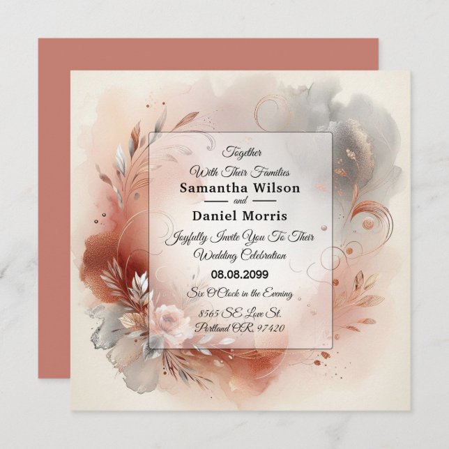 Blushing Petals and Silver Swirls Wedding Invitation (Front/Back)