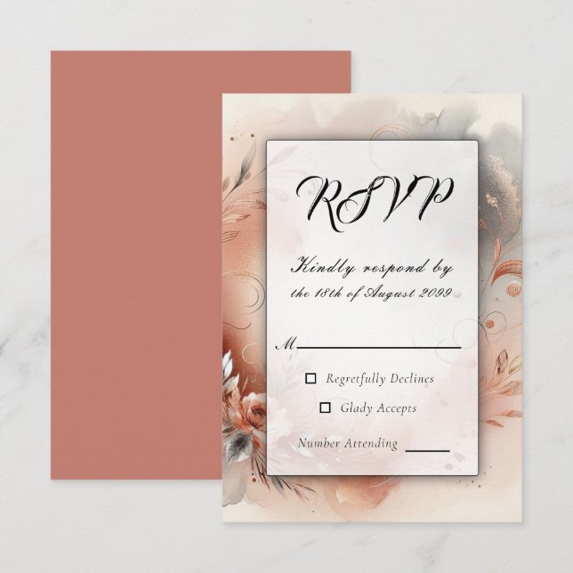 Blushing Petals and Silver Swirls Wedding RSVP Card (Front/Back)