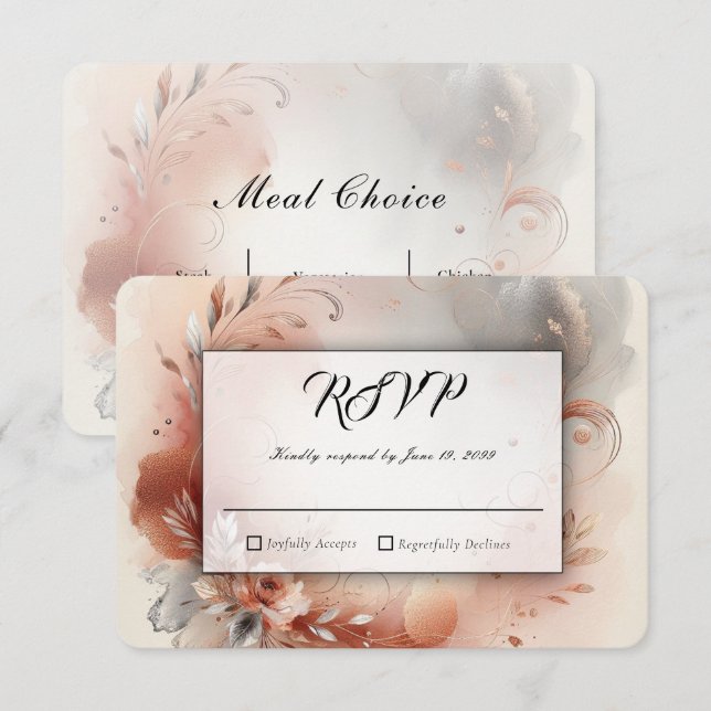 Blushing Petals and Silver Swirls Wedding RSVP Card (Front/Back)