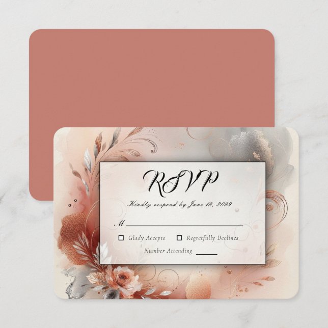 Blushing Petals and Silver Swirls Wedding RSVP Card (Front/Back)
