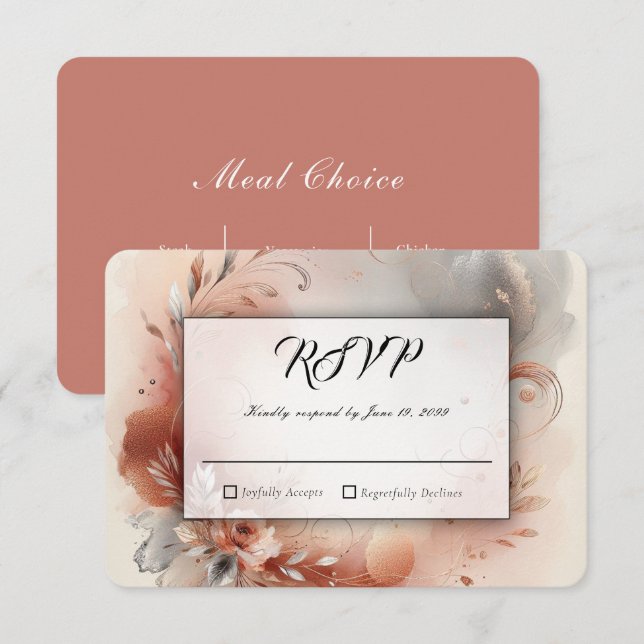 Blushing Petals and Silver Swirls Wedding RSVP Card (Front/Back)