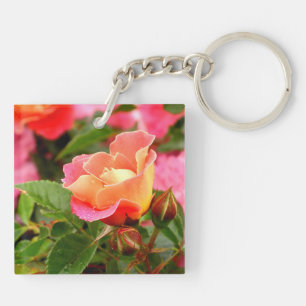Blushing Pink and Orange Rose Bud Key Ring