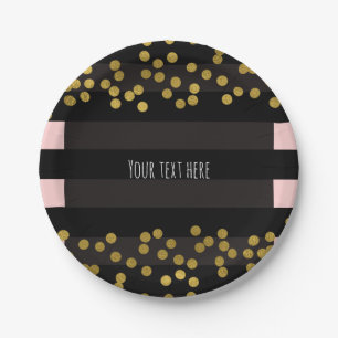Blushing Pink & Black Stripes Gold Faux Foil Dots Paper Plate