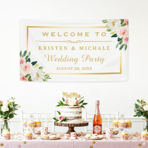 Blushing Pink Floral Gold Frame Wedding Party Banner