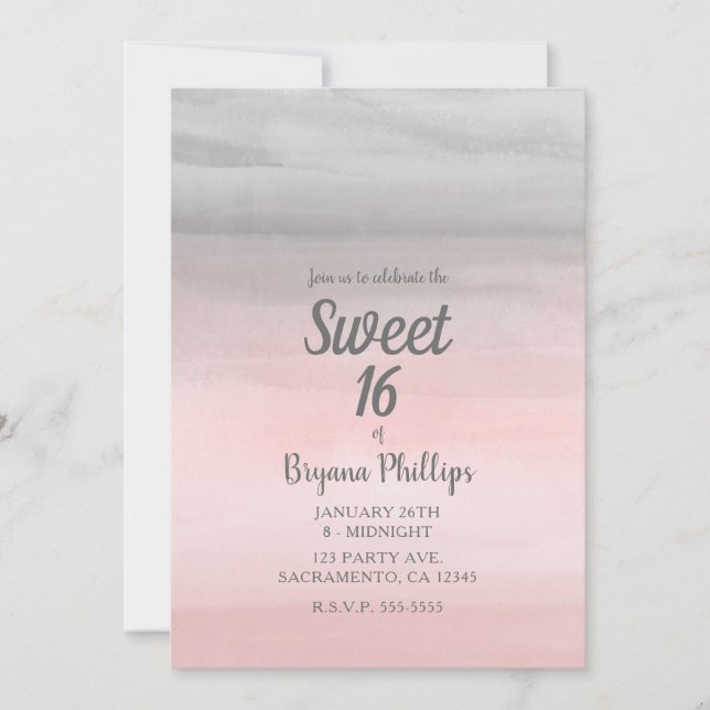 Blushing Pink & Grey Modern Watercolor Sweet 16 Invitation (Front)