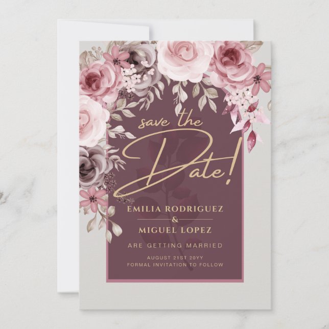 Blushing Pink Maroon Floral Wedding SAVE THE DATE Invitation (Front)