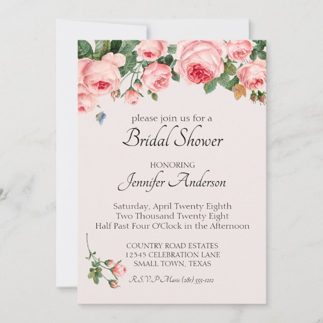 Blushing Pink Rose Bridal Shower Invitation (Front)