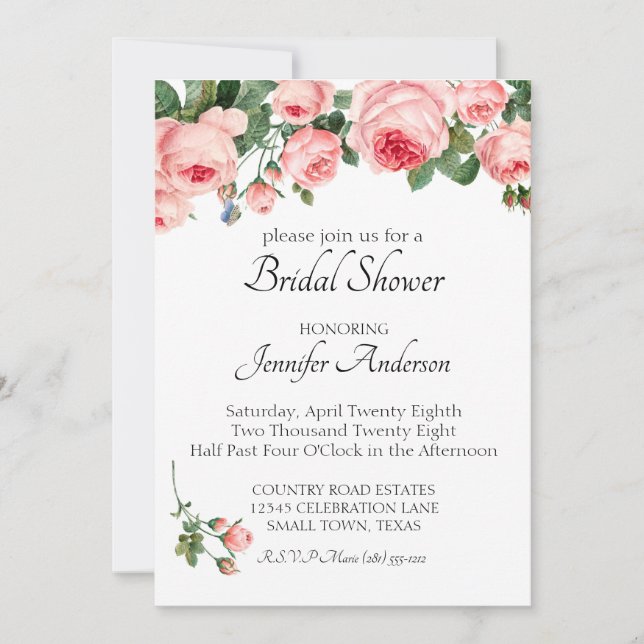 Blushing Pink Rose Bridal Shower Invitation (Front)