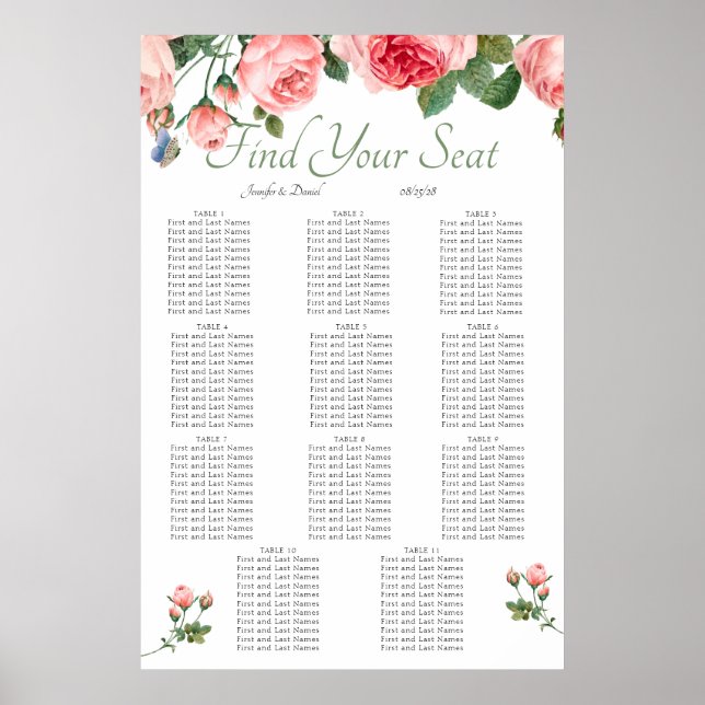 Blushing Pink Rose Floral Elegant Seating Chart (Front)