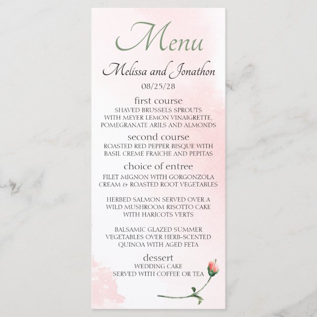 Blushing Pink Rose Floral Elegant Wedding Menu (Front)