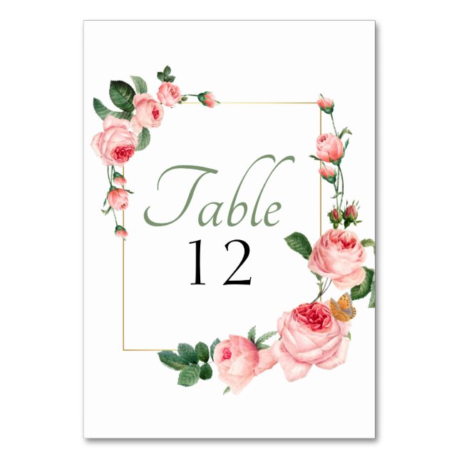Blushing Pink Rose Floral Elegant Wedding Table Number (Front)