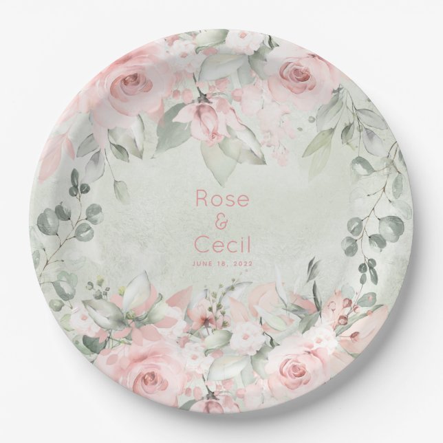 Blushing Pink Roses Wedding 9 Inch Dinner Paper Plate (Front)