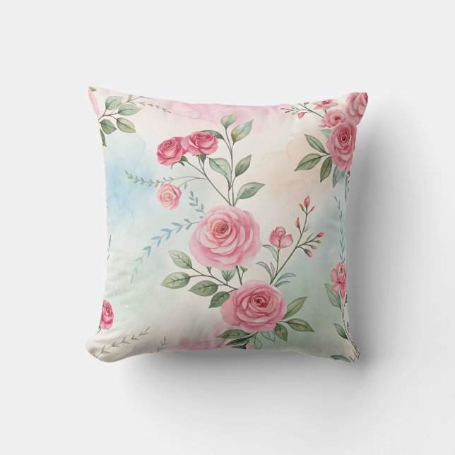 Blushing Pink Roses With Watercolor Design Pillow (Front)