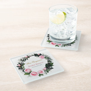 Blushing Romance: Pink Rose Bridal Shower Glass Coaster
