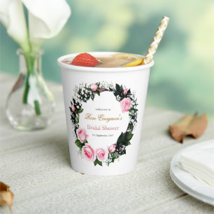 Blushing Romance: Pink Rose Bridal Shower Paper Cups