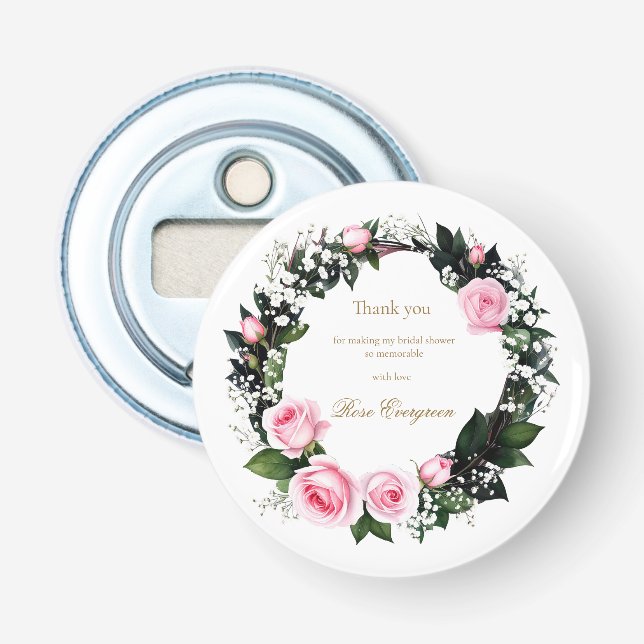 Blushing Romance:Pink Rose Bridal Shower Thank you Bottle Opener (Front)