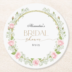 Blushing Romance: Pink Roses & Baby’s Breathe Round Paper Coaster