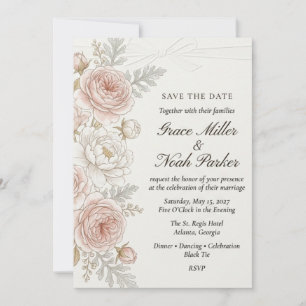 Blushing Rose and White Bow Watercolor Wedding Invitation