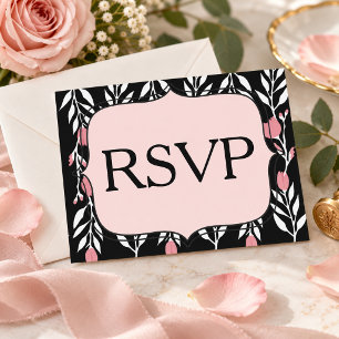 Blushing Rose Garden RSVP Black & Pink Floral Invitation Postcard