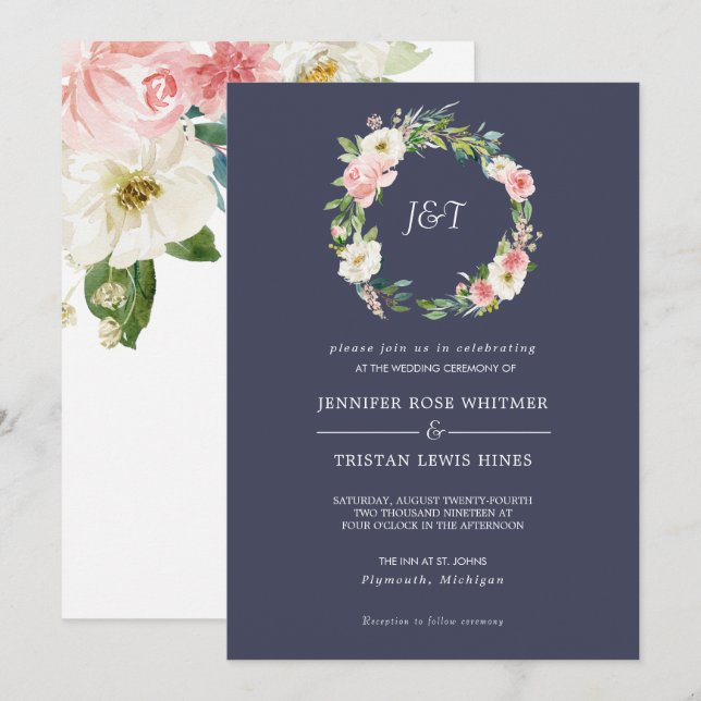 Blushing Rose Navy & White Wreath Monogram Wedding Invitation (Front/Back)