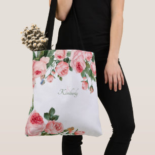 Blushing Rose Pink Floral Initial Monogram Tote Bag
