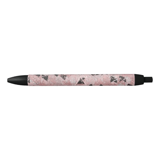 Blushing Rose Pink Gold & Black Triangles Pattern Black Ink Pen (Front)