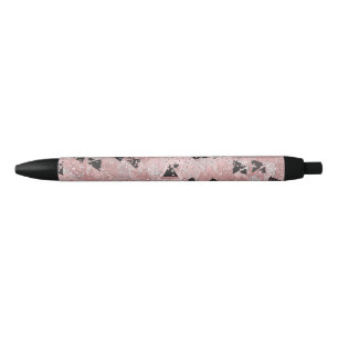 Blushing Rose Pink Gold & Black Triangles Pattern Ink Pen