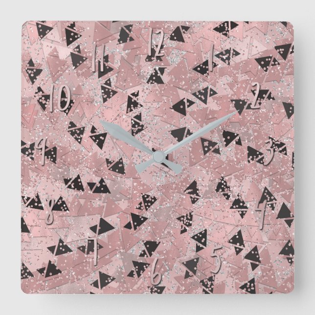 Blushing Rose Pink Gold & Black Triangles Pattern Square Wall Clock (Front)