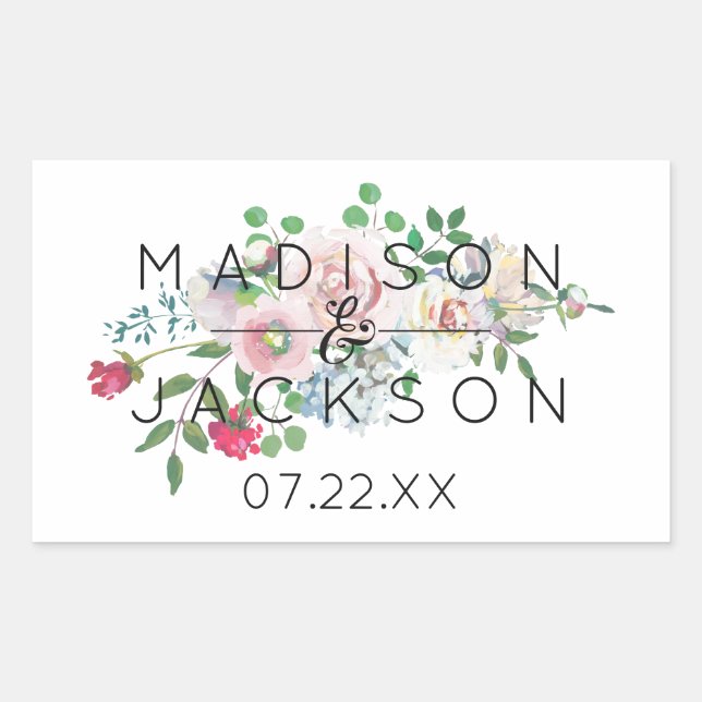 Blushing Rose Watercolor Floral Wedding Monogram Rectangular Sticker (Front)