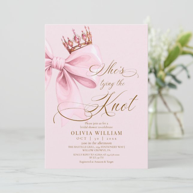 Blushing She's Tying The Knot Bow Bridal Shower Invitation (Standing Front)