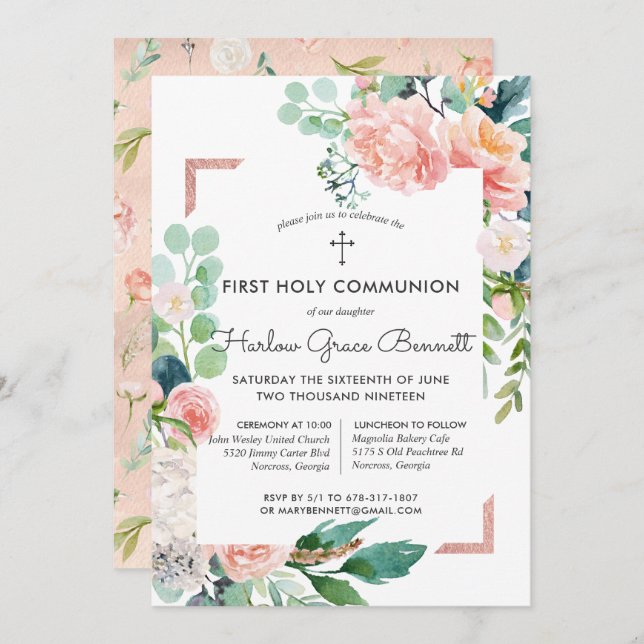 Blushing Summer Floral First Communion Invitation (Front/Back)